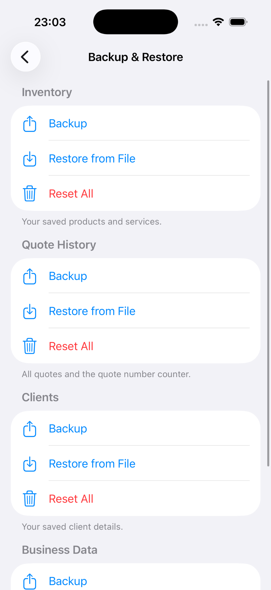 Backup and restore screen
