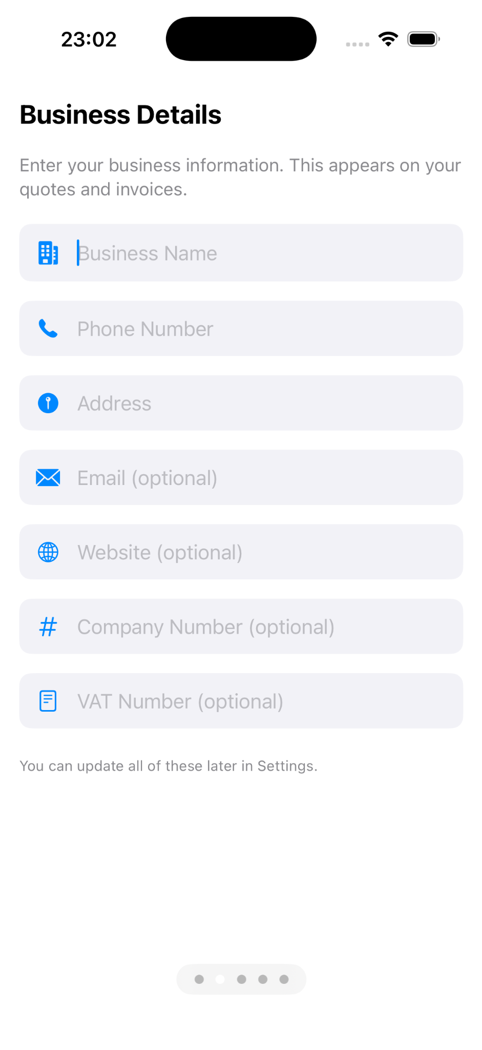 Business details setup screen