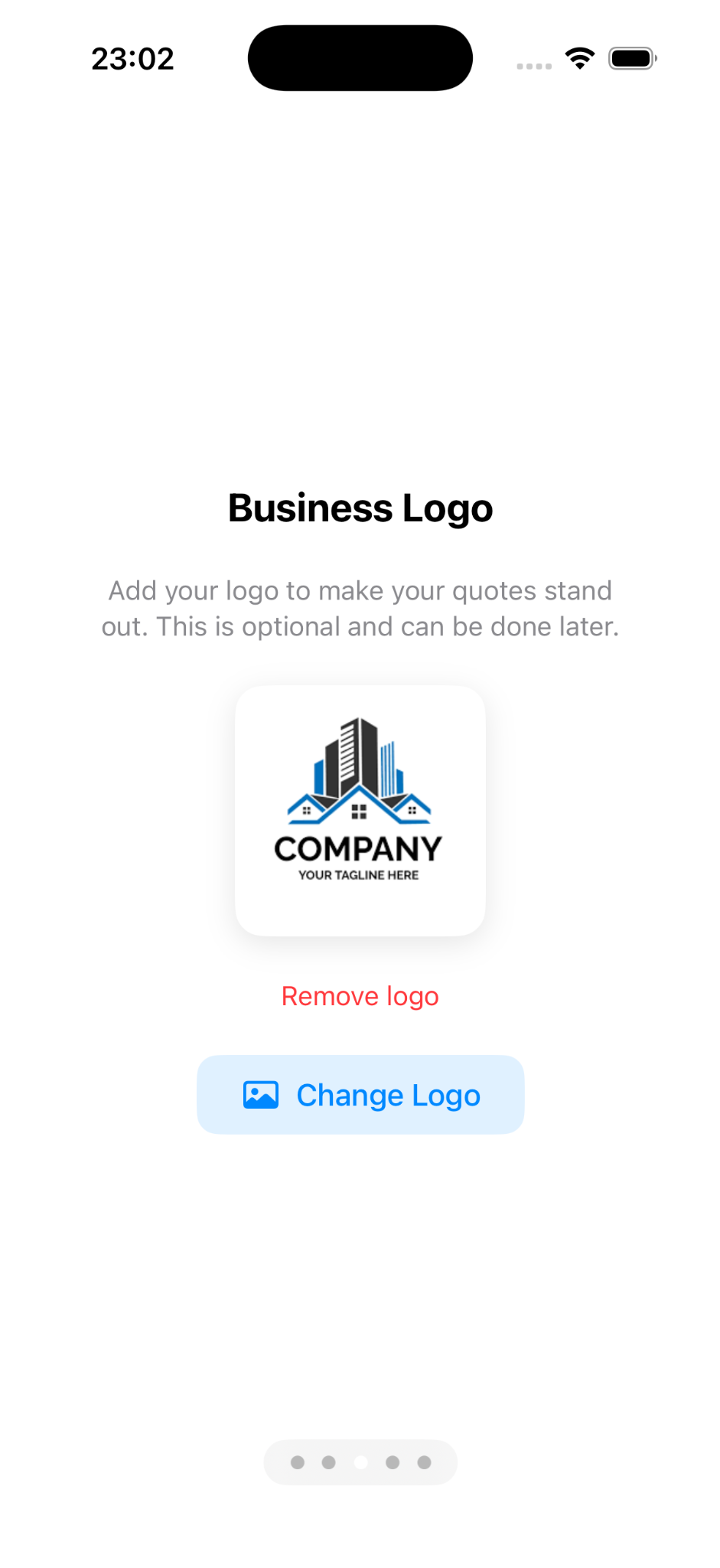 Business logo setup screen