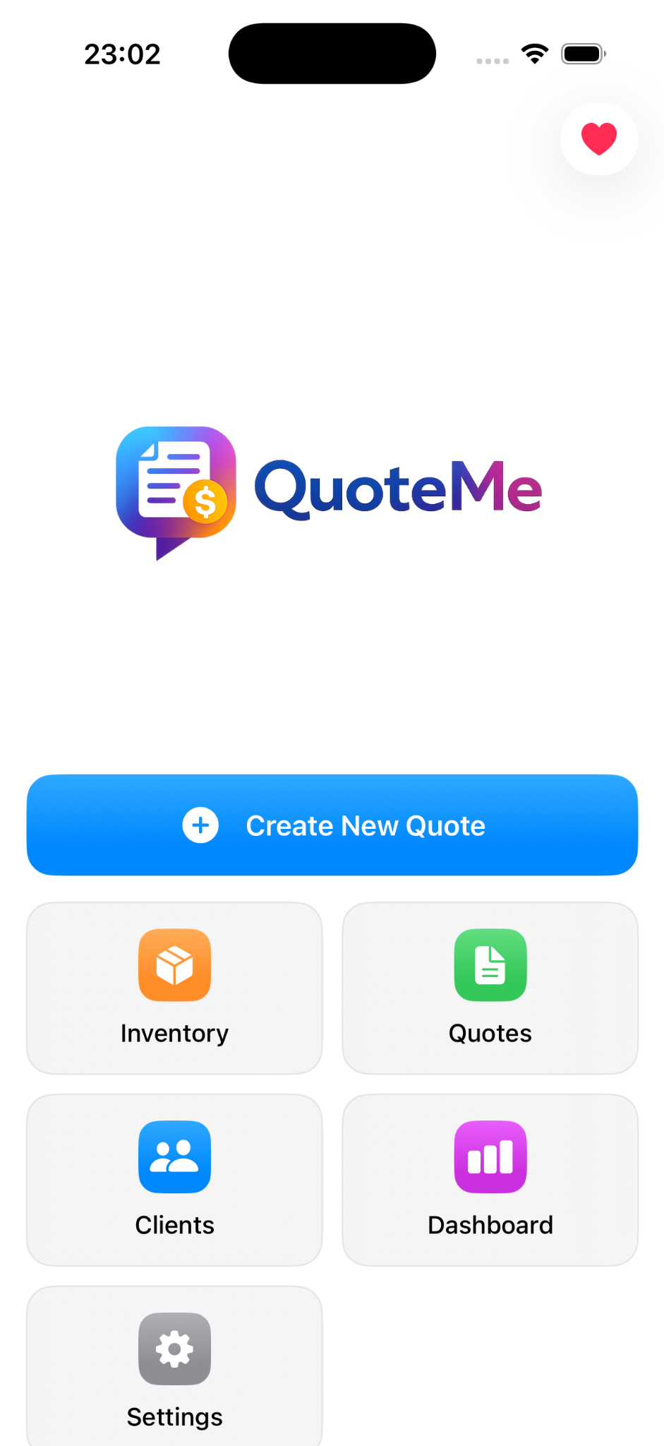 QuoteMe home screen with create quote, inventory, quotes, clients, dashboard, and settings options