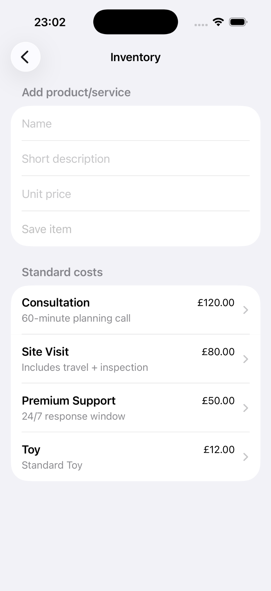 Inventory screen with standard costs