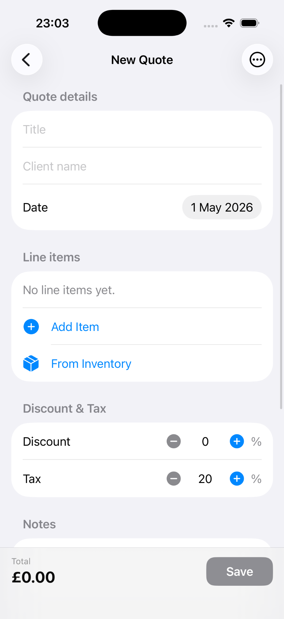 QuoteMe new quote screen showing quote details, line items, discount, tax, notes, and save button