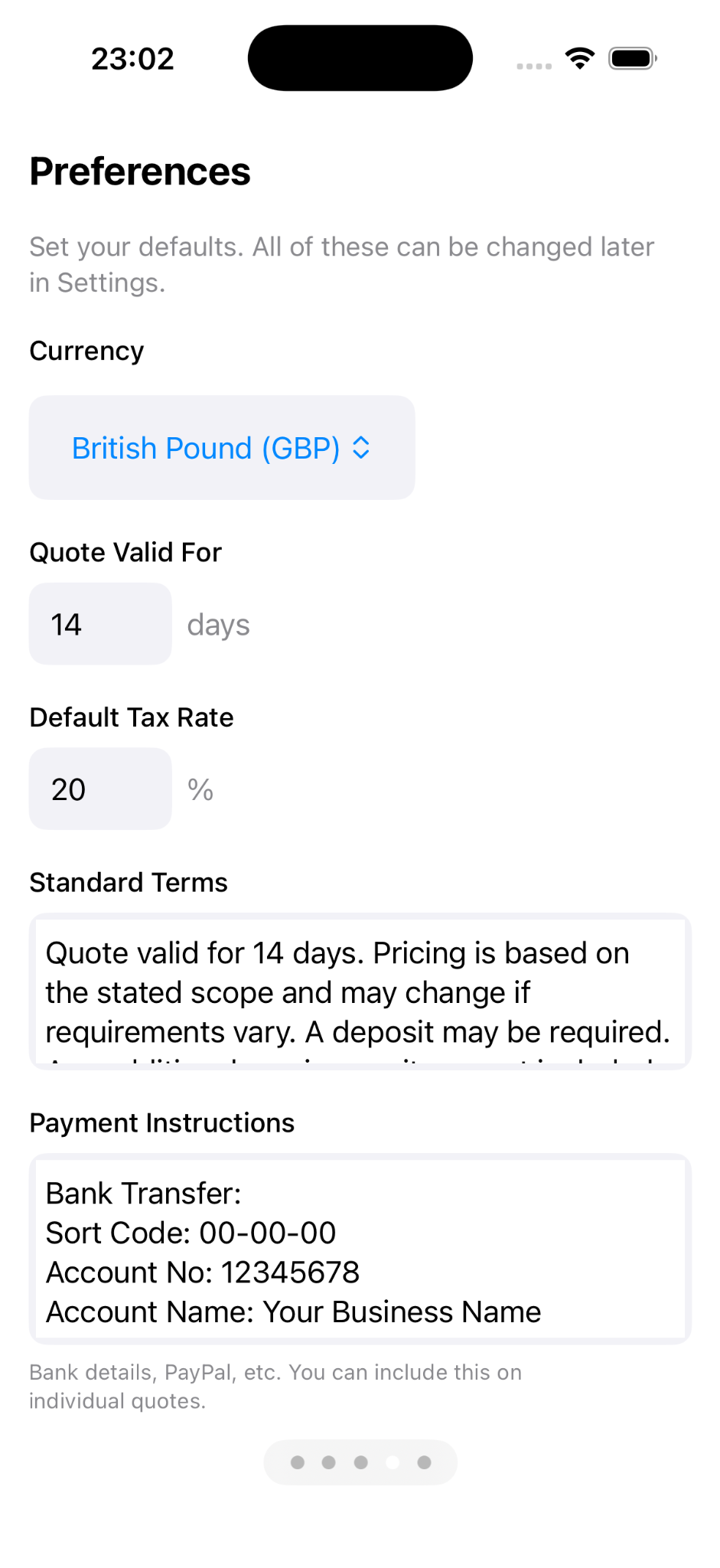 Preferences screen with currency, tax, standard terms, and payment instructions